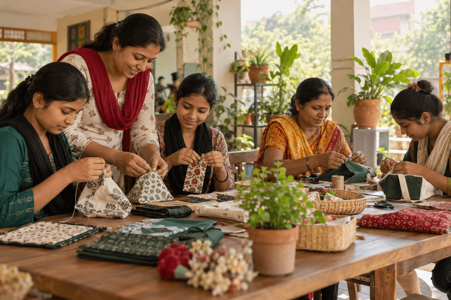 Women and young people in a community skill-building workshop